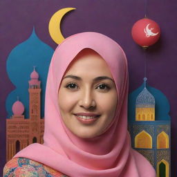 A hyper-realistic portrait of a friendly and beautiful Indonesian woman in hijab, in front of a colorful papercut illustration of Ramadan featuring a mosque, lanterns, and a crescent moon, with the clearly legible phrase 'MARHABAN YA RAMADHAN' in Indonesian