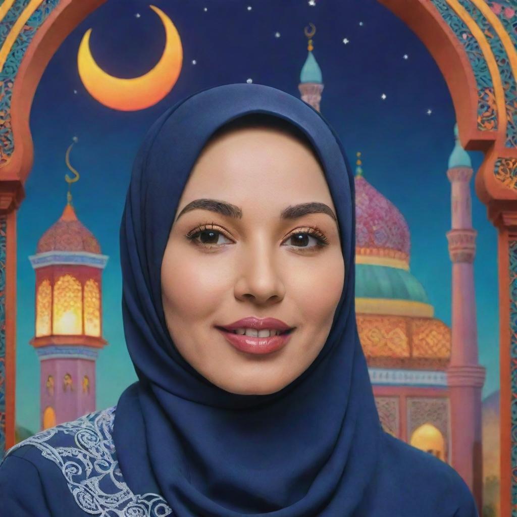 A hyper-realistic portrait of a friendly and beautiful Indonesian woman in hijab, in front of a colorful papercut illustration of Ramadan featuring a mosque, lanterns, and a crescent moon, with the clearly legible phrase 'MARHABAN YA RAMADHAN' in Indonesian