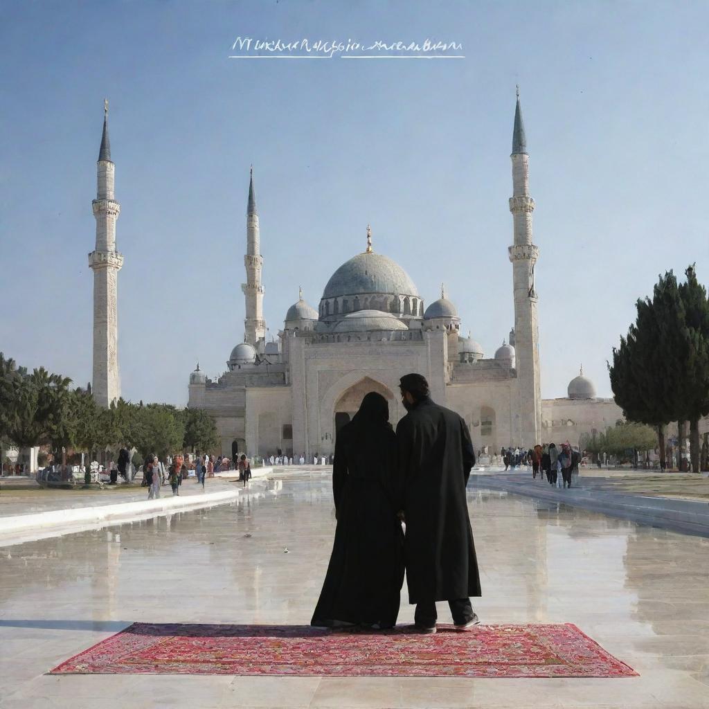 A pair of Muslim lovers, apologizing to each other, with a mosque in the background and a phrase 'Marhaban ya Ramadan' floating above them