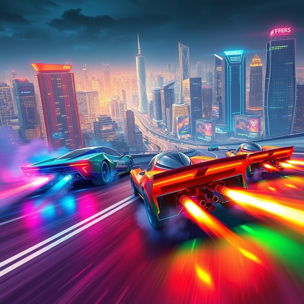 An exhilarating and action-packed scene featuring high-speed racing cars that emit vibrant flames and smoke as they speed down a futuristic racetrack