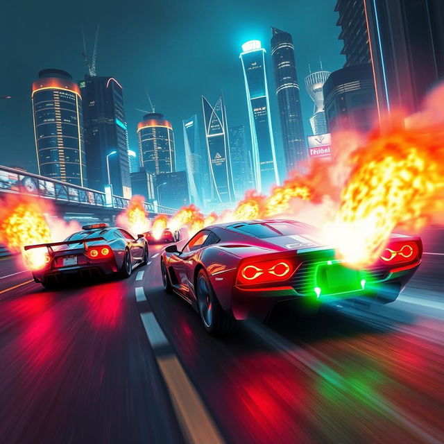 An exhilarating and action-packed scene featuring high-speed racing cars that emit vibrant flames and smoke as they speed down a futuristic racetrack