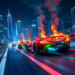 An exhilarating and action-packed scene featuring high-speed racing cars that emit vibrant flames and smoke as they speed down a futuristic racetrack