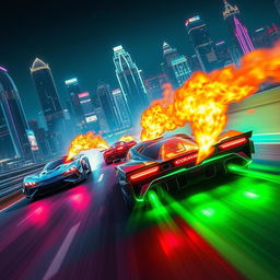 An exhilarating and action-packed scene featuring high-speed racing cars that emit vibrant flames and smoke as they speed down a futuristic racetrack