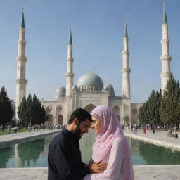 A pair of Muslim lovers, apologizing to each other, with a mosque in the background and a phrase 'Marhaban ya Ramadan' floating above them