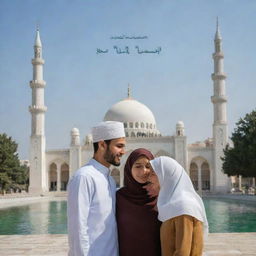 A pair of Muslim lovers, apologizing to each other, with a mosque in the background and a phrase 'Marhaban ya Ramadan' floating above them