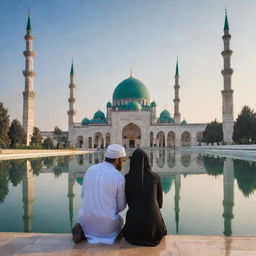 A pair of Muslim lovers, apologizing to each other, with a mosque in the background and a phrase 'Marhaban ya Ramadan' floating above them