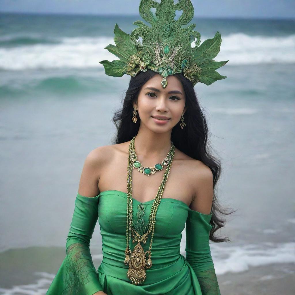 A beautiful lady dressed in green, embodying the sea goddess from Indonesian mythology, Ratu Laut Kidul