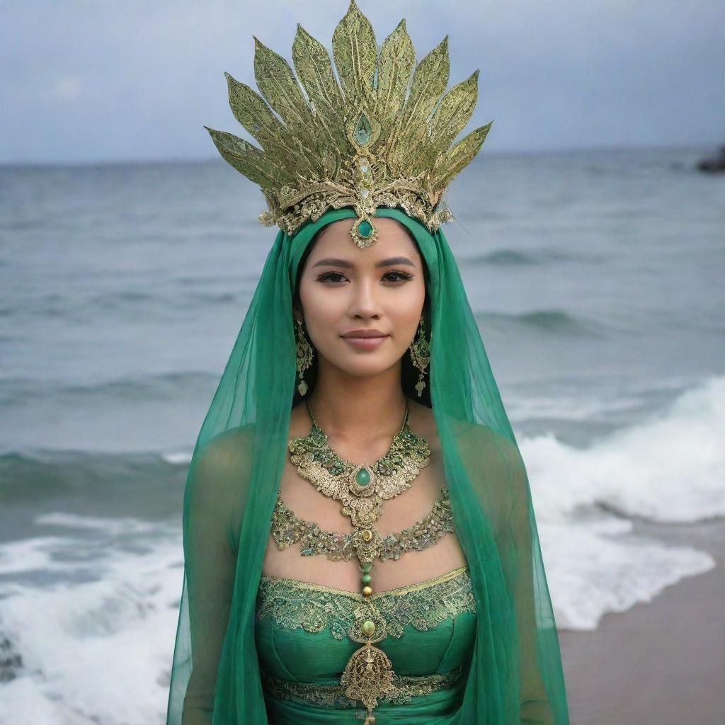 A beautiful lady dressed in green, embodying the sea goddess from Indonesian mythology, Ratu Laut Kidul