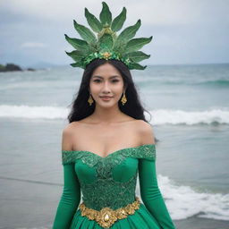 A beautiful lady dressed in green, embodying the sea goddess from Indonesian mythology, Ratu Laut Kidul