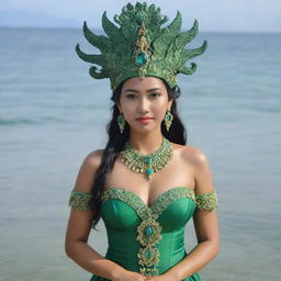 A beautiful lady dressed in green, embodying the sea goddess from Indonesian mythology, Ratu Laut Kidul