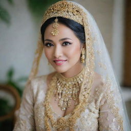 A bride beautifully dressed in traditional Sundanese, Indonesia wedding attire, full of elegance and cultural richness.