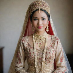 A bride beautifully dressed in traditional Sundanese, Indonesia wedding attire, full of elegance and cultural richness.