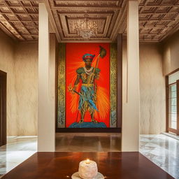 A view of the extra-large, exquisite interior of a majestic home, adorned with a vibrant painting of Ogun, the Yoruba god of iron, featured prominently on the wall.