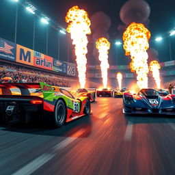 An electrifying scene set in a vibrant racing arena, featuring sleek racing cars that unleash torrents of flames as they zoom around the track