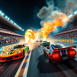 An electrifying scene set in a vibrant racing arena, featuring sleek racing cars that unleash torrents of flames as they zoom around the track