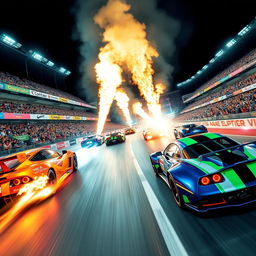 An electrifying scene set in a vibrant racing arena, featuring sleek racing cars that unleash torrents of flames as they zoom around the track