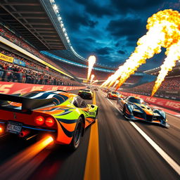 An electrifying scene set in a vibrant racing arena, featuring sleek racing cars that unleash torrents of flames as they zoom around the track