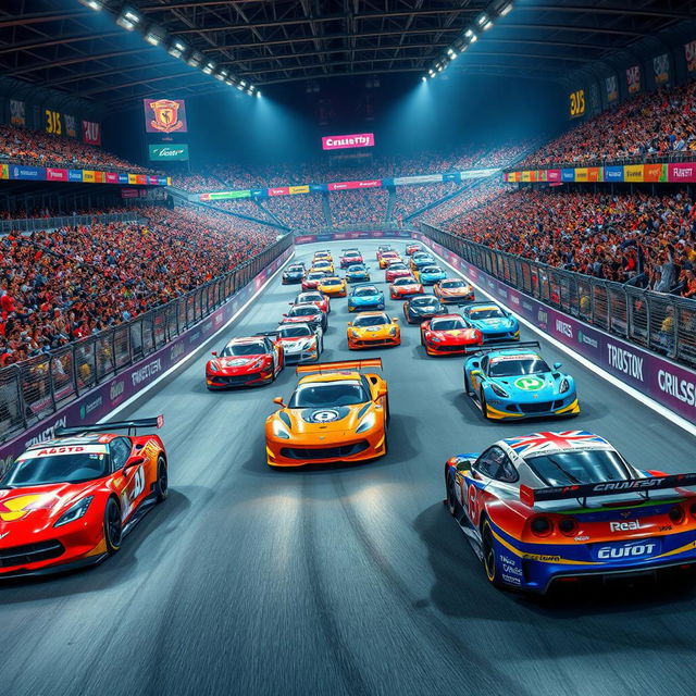 An exciting scene set in a lively racing arena filled with roaring engines and cheering fans, showcasing a variety of racing cars speeding around the track