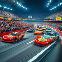 An exciting scene set in a lively racing arena filled with roaring engines and cheering fans, showcasing a variety of racing cars speeding around the track