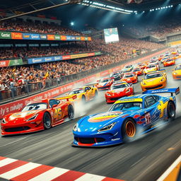 An exciting scene set in a lively racing arena filled with roaring engines and cheering fans, showcasing a variety of racing cars speeding around the track