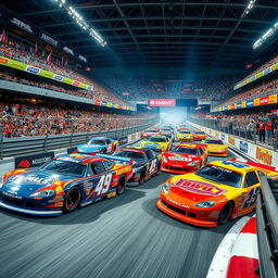 An exciting scene set in a lively racing arena filled with roaring engines and cheering fans, showcasing a variety of racing cars speeding around the track