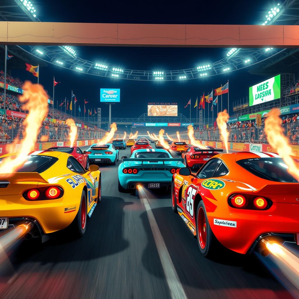 A thrilling scene set in a lively racing arena featuring a variety of racing cars