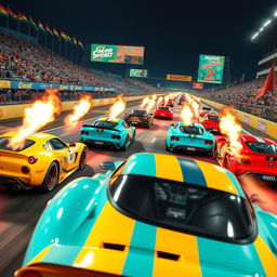 A thrilling scene set in a lively racing arena featuring a variety of racing cars