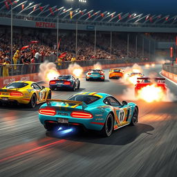 A thrilling scene set in a lively racing arena featuring a variety of racing cars