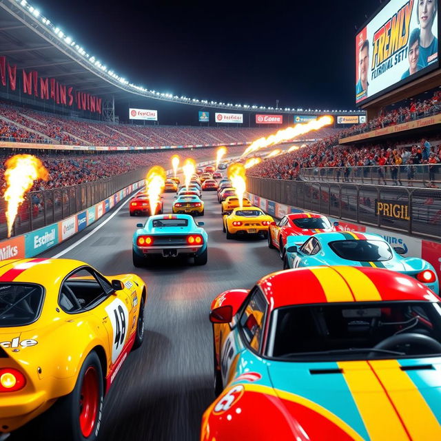 A thrilling scene set in a lively racing arena featuring a variety of racing cars