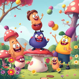 A group of playful and oversized cartoon characters known as 'big noobs', each with distinct silly features such as exaggerated proportions, vibrant colors, and humorous expressions