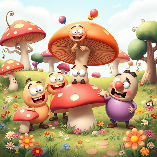 A group of playful and oversized cartoon characters known as 'big noobs', each with distinct silly features such as exaggerated proportions, vibrant colors, and humorous expressions