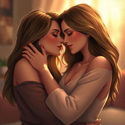 A realistic and artistic illustration of two women engaging in an intimate and romantic moment, captured in a soft and warm light