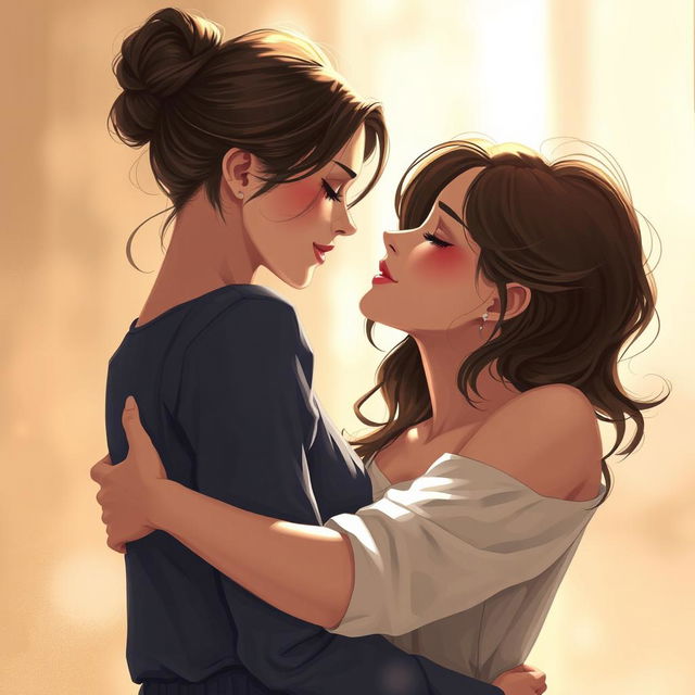 A realistic and artistic illustration of two women engaging in an intimate and romantic moment, captured in a soft and warm light