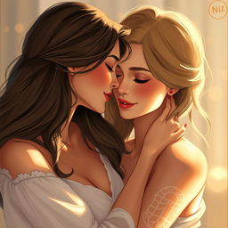 A realistic and artistic illustration of two women engaging in an intimate and romantic moment, captured in a soft and warm light