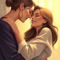 A realistic and artistic illustration of two women engaging in an intimate and romantic moment, captured in a soft and warm light