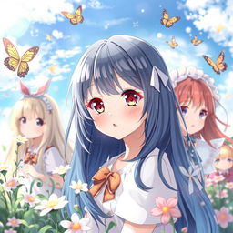 An artistic illustration of anime-style girls in a serene and enchanting environment, featuring their vibrant hair colors and expressive eyes