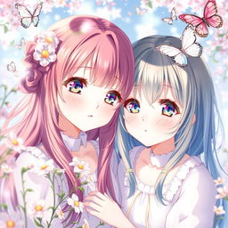 An artistic illustration of anime-style girls in a serene and enchanting environment, featuring their vibrant hair colors and expressive eyes
