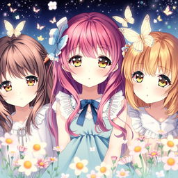 An artistic illustration of anime-style girls in a serene and enchanting environment, featuring their vibrant hair colors and expressive eyes