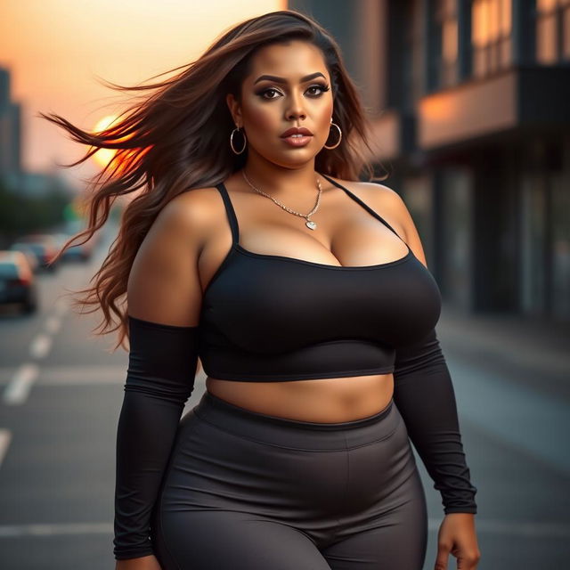 A voluptuous woman with large breasts, wearing a stylish and fitted outfit that accentuates her curves