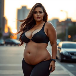 A voluptuous woman with large breasts, wearing a stylish and fitted outfit that accentuates her curves