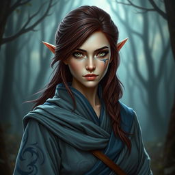 A female elf dressed in a striking grey and blue monk outfit, featuring intricate designs and flowing fabric