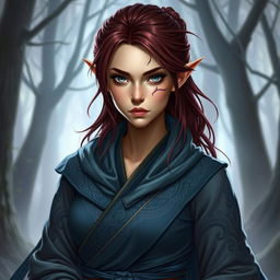 A female elf dressed in a striking grey and blue monk outfit, featuring intricate designs and flowing fabric