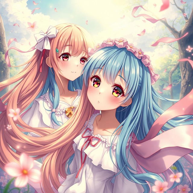 An artistic and tasteful representation of anime-style girls in a fantastical setting, showcasing their vibrant hair and expressive emotions