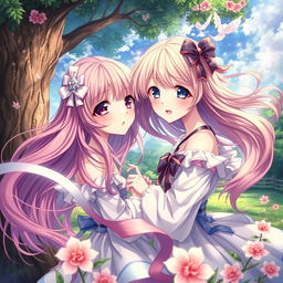 An artistic and tasteful representation of anime-style girls in a fantastical setting, showcasing their vibrant hair and expressive emotions