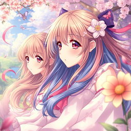 An artistic and tasteful representation of anime-style girls in a fantastical setting, showcasing their vibrant hair and expressive emotions