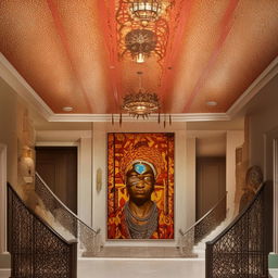 A view of the extra-large, exquisite interior of a majestic home, adorned with a vibrant painting of Ogun, the Yoruba god of iron, featured prominently on the wall.