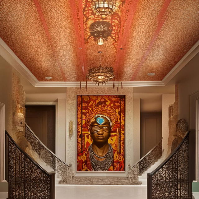 A view of the extra-large, exquisite interior of a majestic home, adorned with a vibrant painting of Ogun, the Yoruba god of iron, featured prominently on the wall.