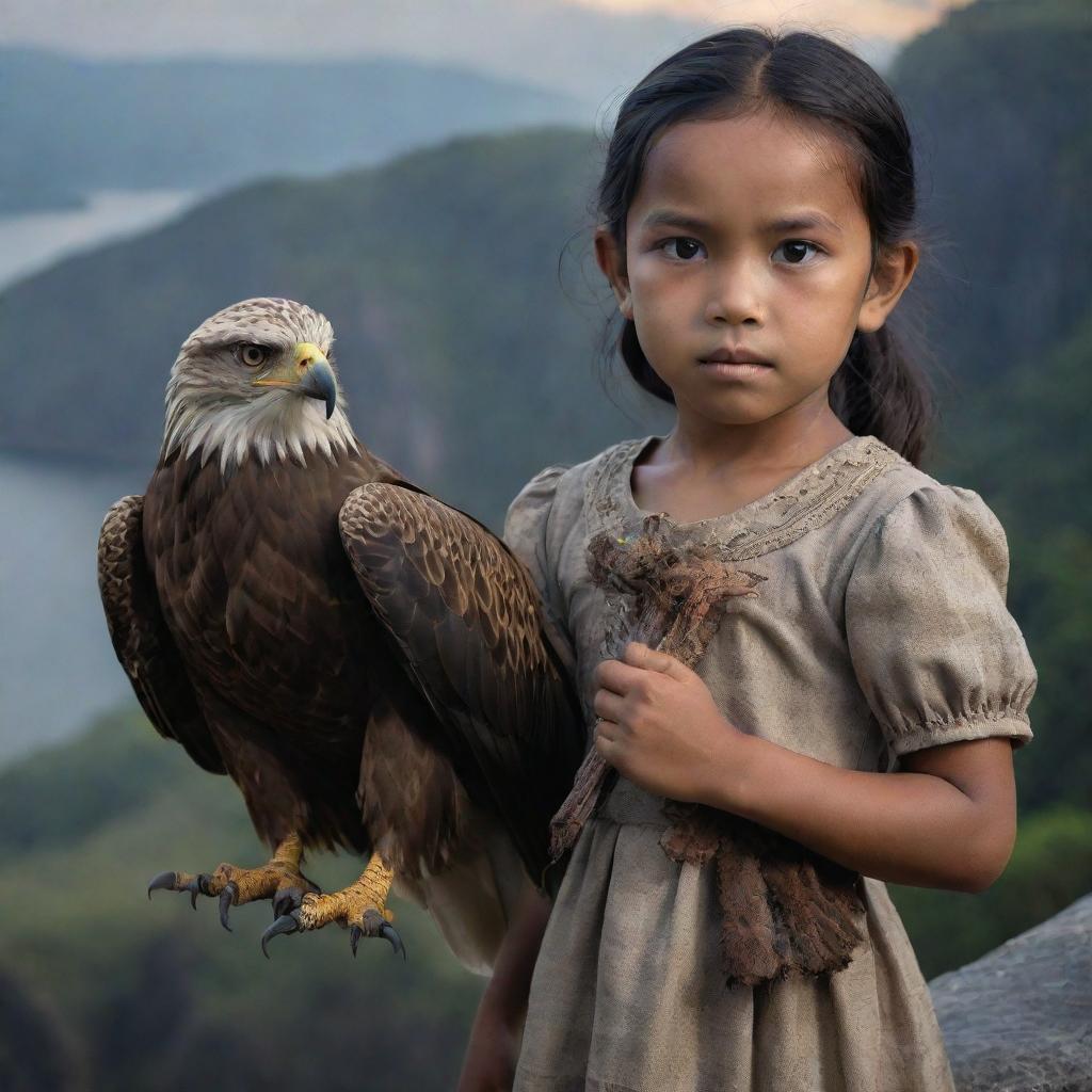 A cute 6-year-old Indonesian girl holding a bow in her right hand with a sharp-eyed eagle perched on her left, standing on a cliff, realistic skin texture, hyper-realistic details, 85mm portrait photography, with hard edge lighting