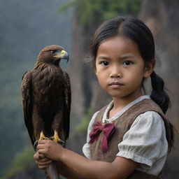 A cute 6-year-old Indonesian girl holding a bow in her right hand with a sharp-eyed eagle perched on her left, standing on a cliff, realistic skin texture, hyper-realistic details, 85mm portrait photography, with hard edge lighting