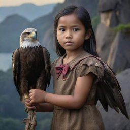 A cute 6-year-old Indonesian girl holding a bow in her right hand with a sharp-eyed eagle perched on her left, standing on a cliff, realistic skin texture, hyper-realistic details, 85mm portrait photography, with hard edge lighting